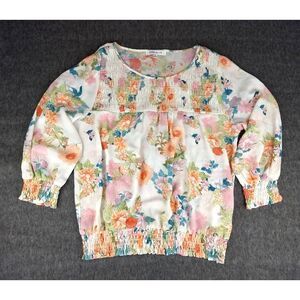 Rose + Olive Smocked Blouse Womens Medium 3/4 Sleeve Floral Cream Coral Blue Top